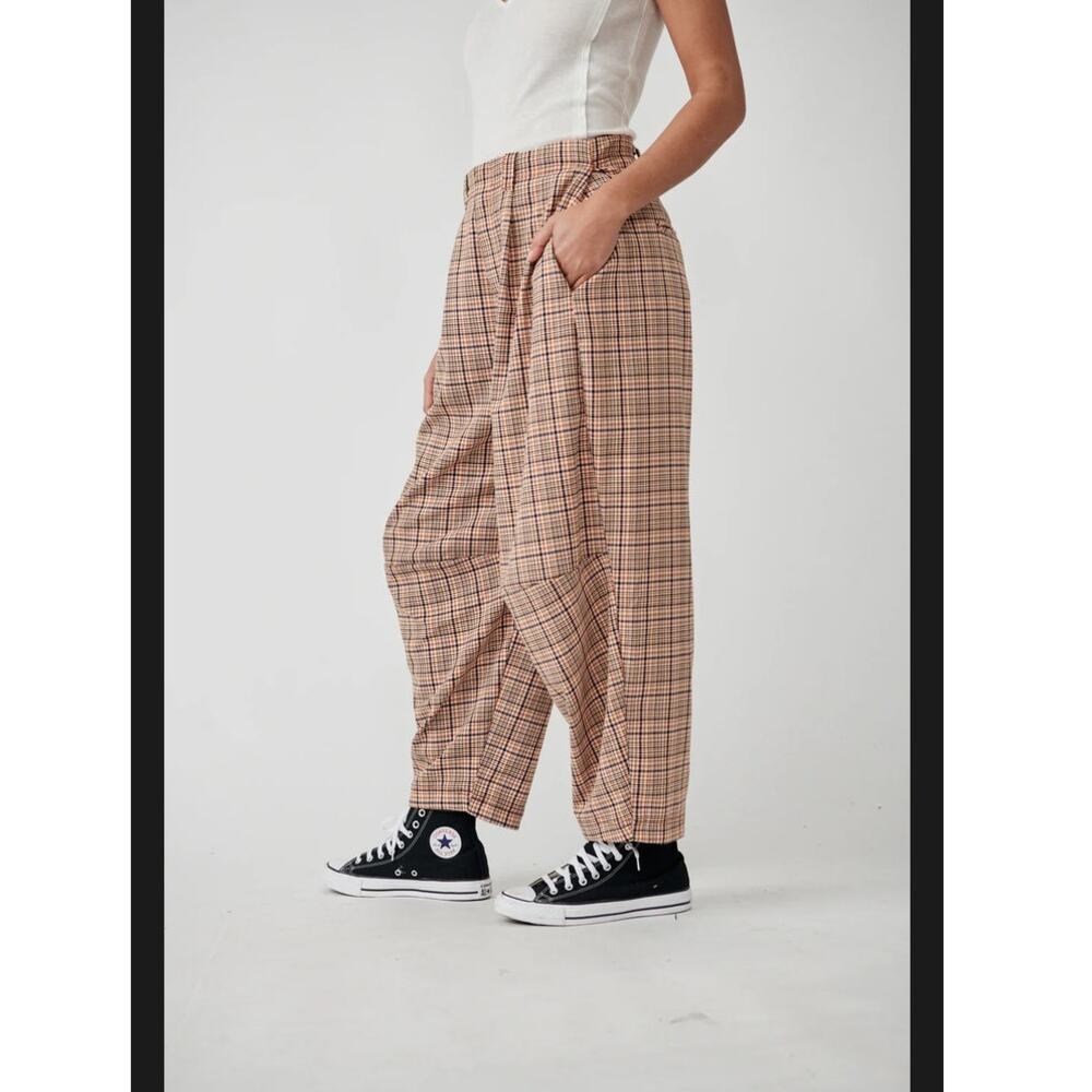 Free People Turning Point Barrel Leg Trousers Pants Neutral Combo Plaid Size 4 - Picture 2 of 14